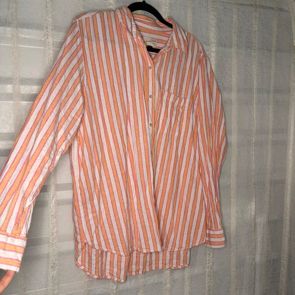 Universal Thread Tops - Universal Thread Striped Button Down Women L Orange Pink Excellent Linen Blend
